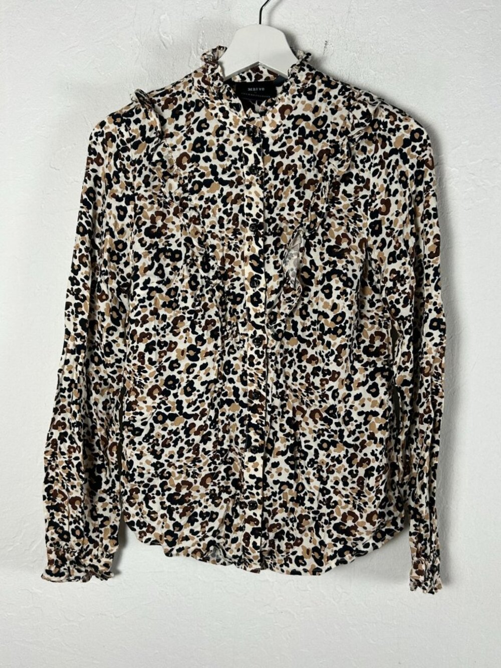 Maeve By Anthropologie Womens Leopard Print Ruffle Button-Up Blouse Size 0 New